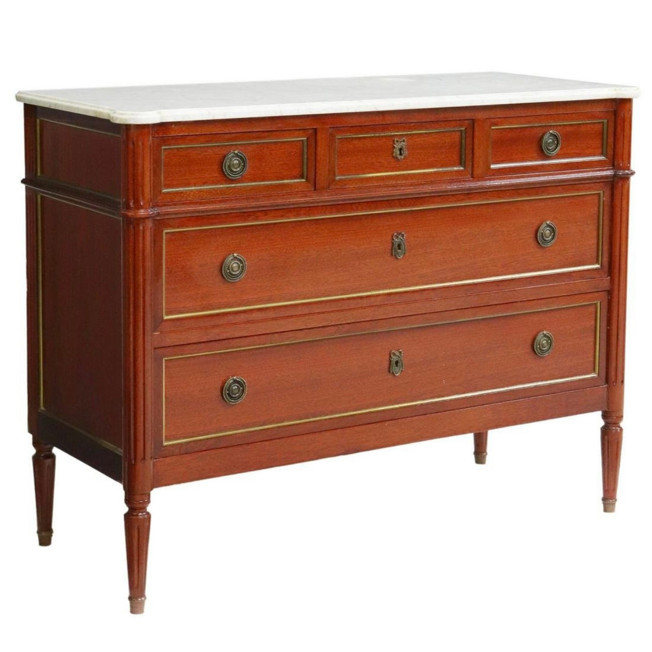 Louis XVI Style White Marble Top Mahogany Commode