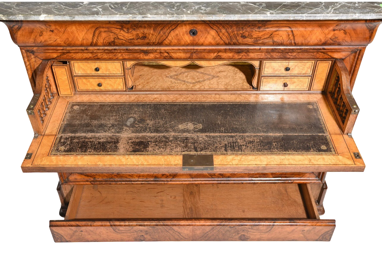 Mid 19th Century Louis Philippe Marble Top Burl Walnut Commode Secrétaire