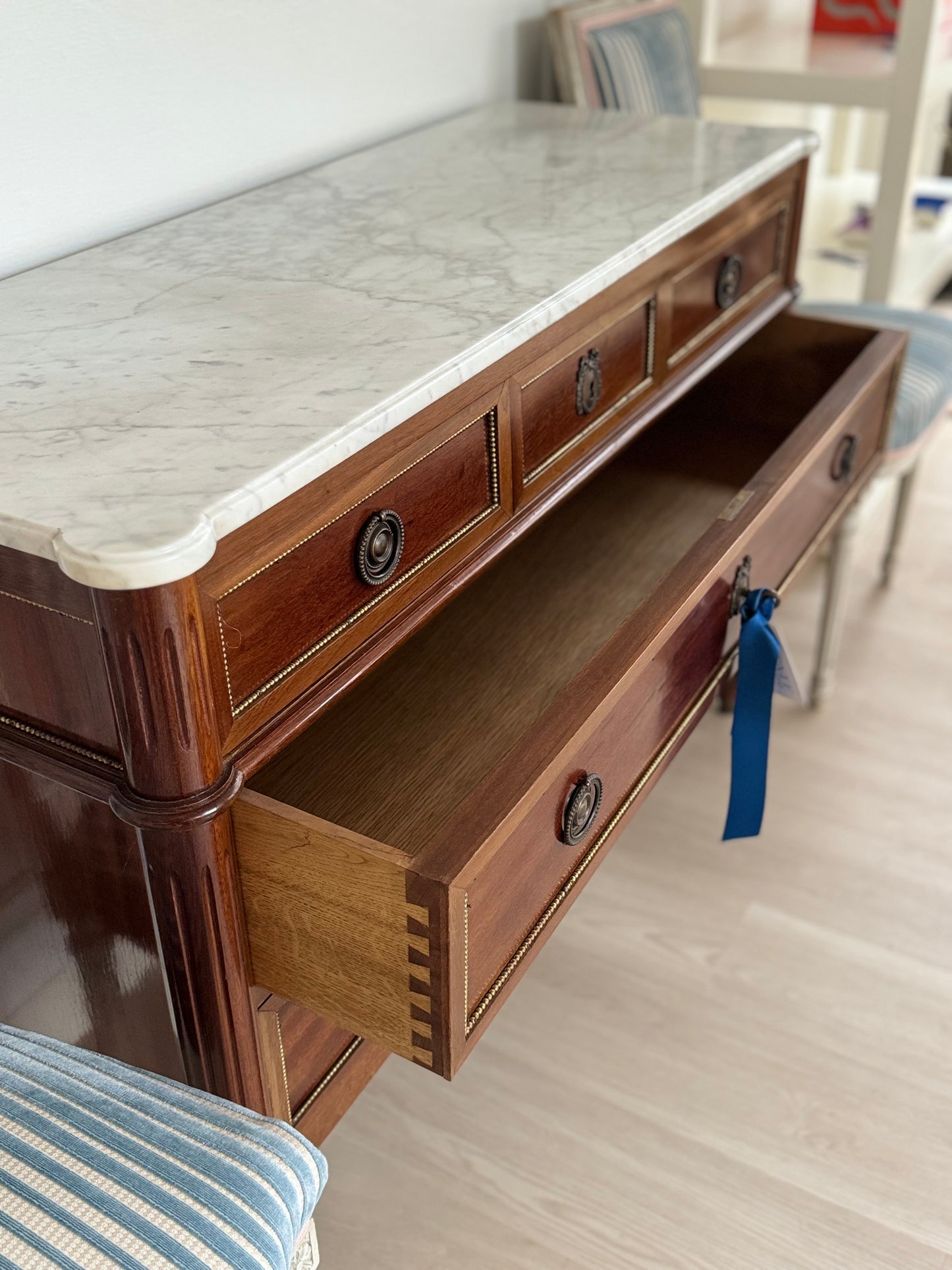 Louis XVI White Marble Top Commode with Beaded Trim