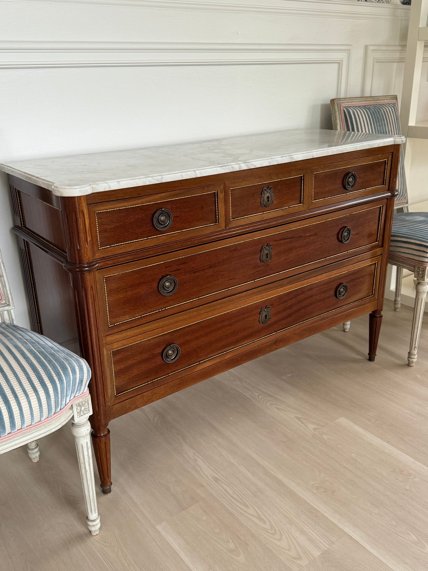 Louis XVI White Marble Top Commode with Beaded Trim