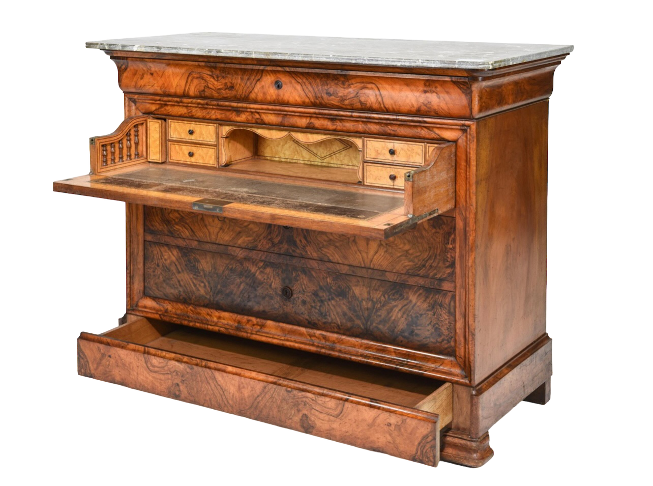 Mid 19th Century Louis Philippe Marble Top Burl Walnut Commode Secrétaire