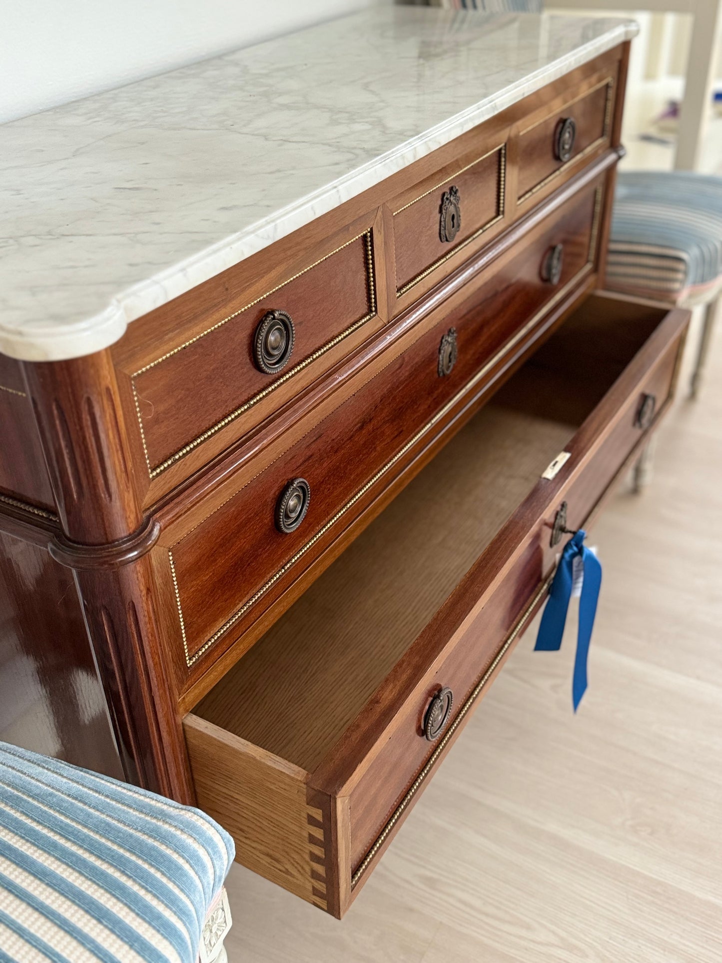 Louis XVI White Marble Top Commode with Beaded Trim