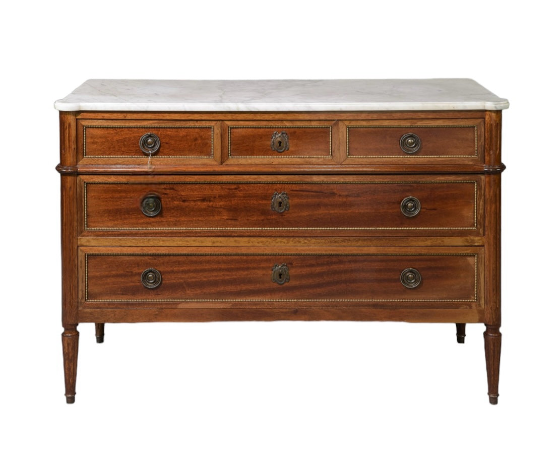 Louis XVI White Marble Top Commode with Beaded Trim