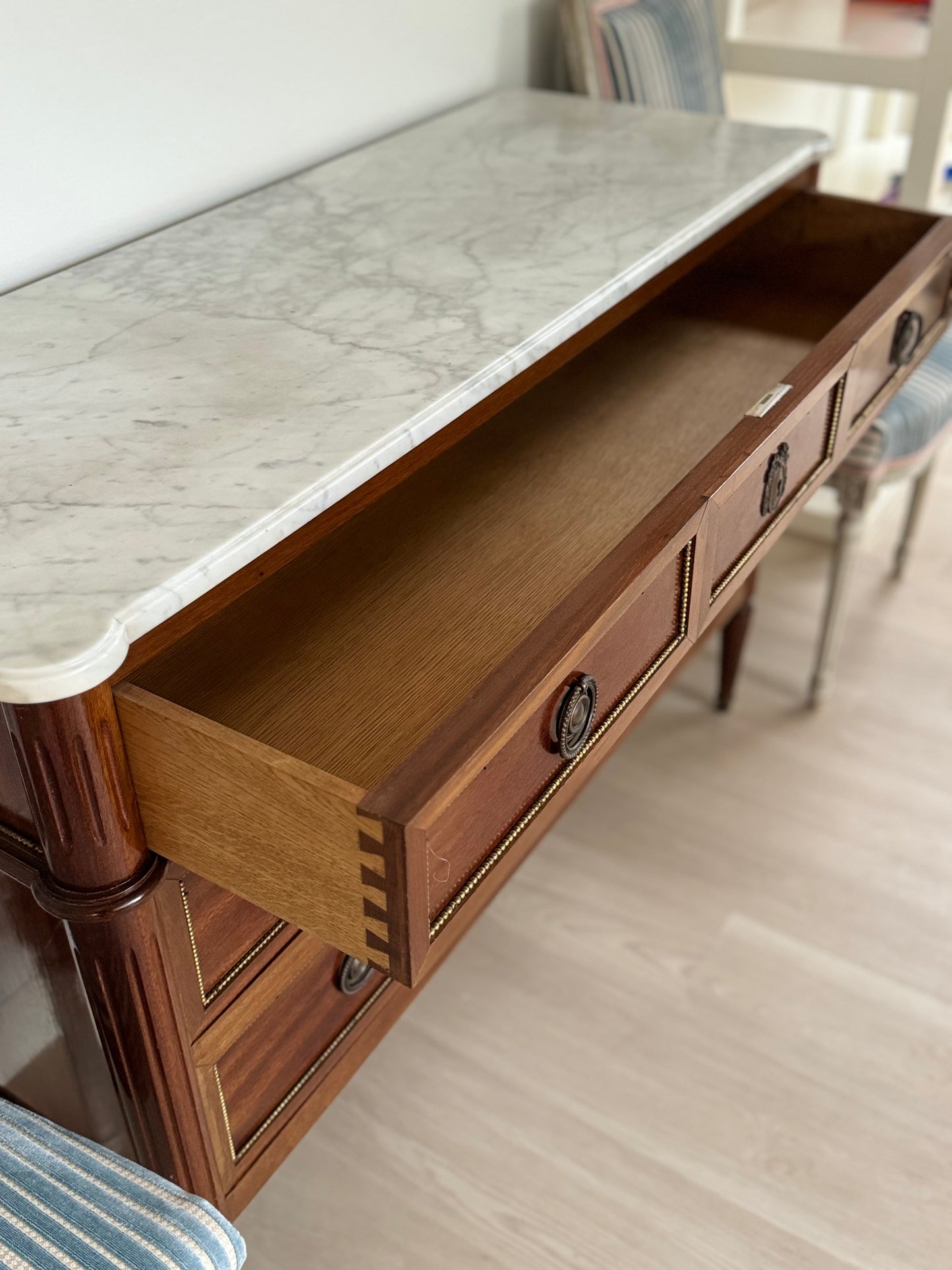 Louis XVI White Marble Top Commode with Beaded Trim