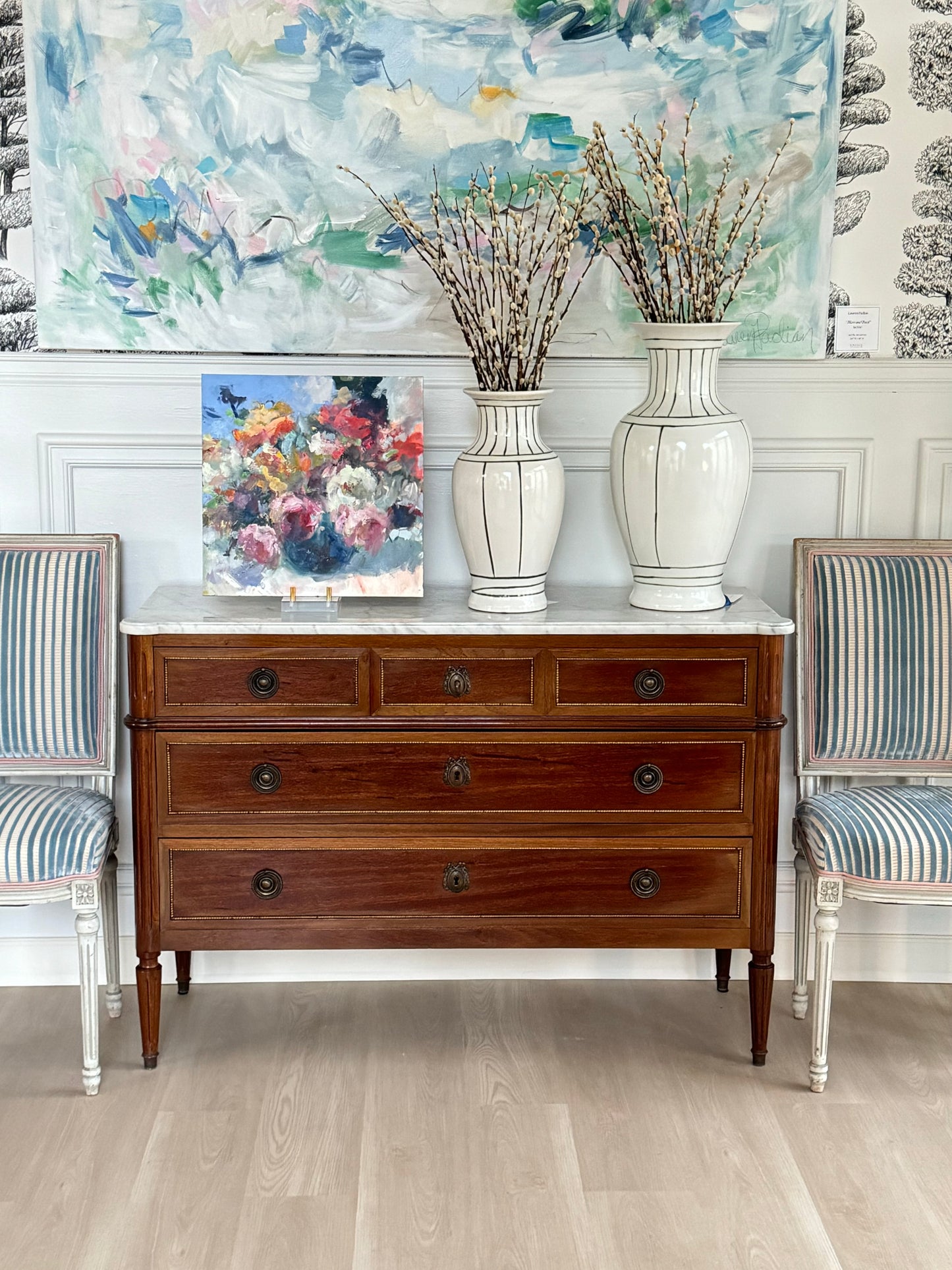 Louis XVI White Marble Top Commode with Beaded Trim