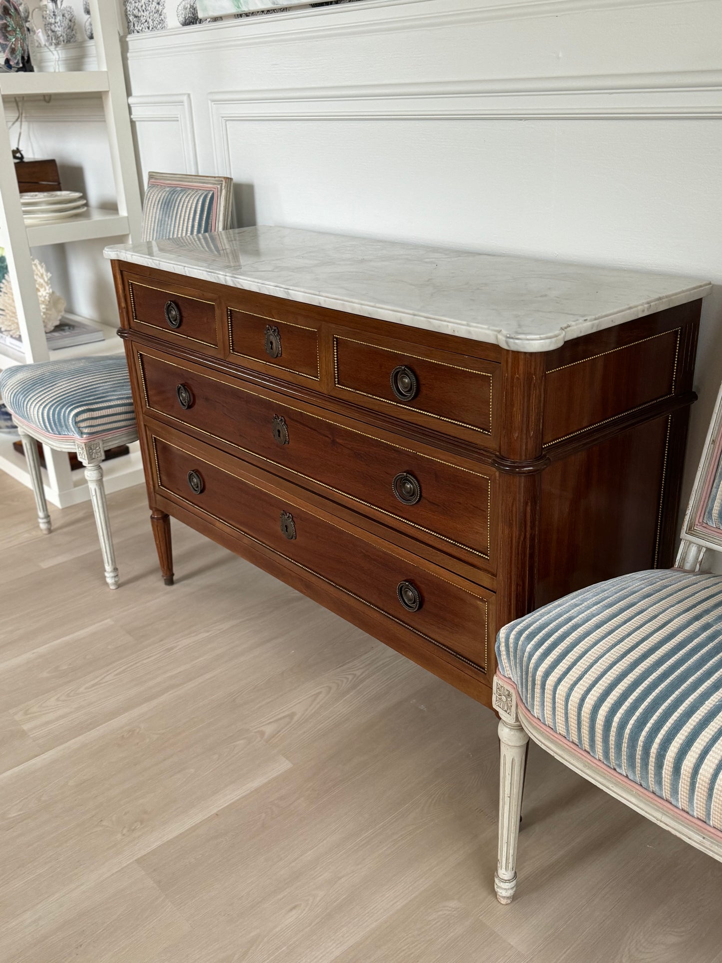 Louis XVI White Marble Top Commode with Beaded Trim