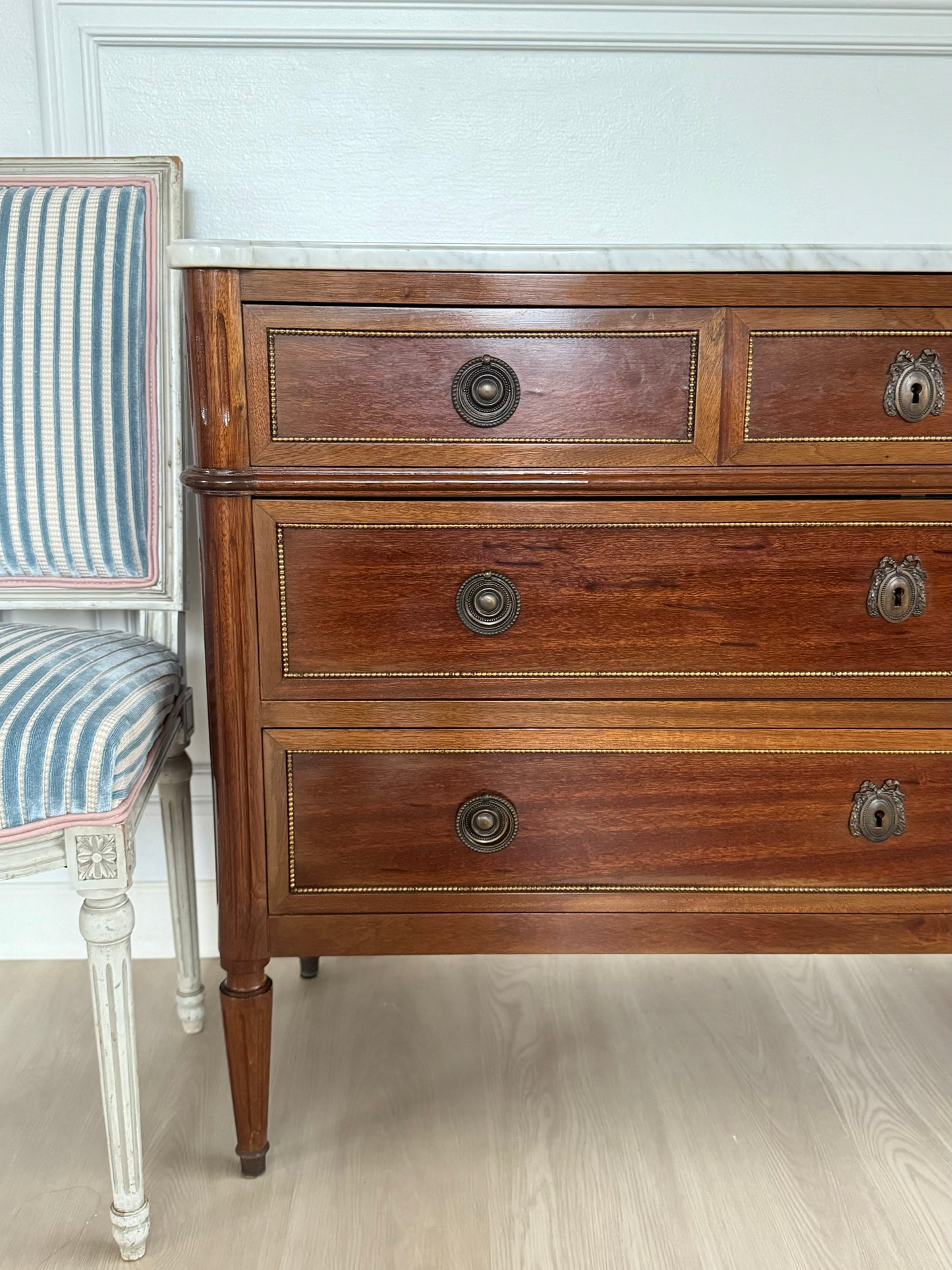 Louis XVI White Marble Top Commode with Beaded Trim