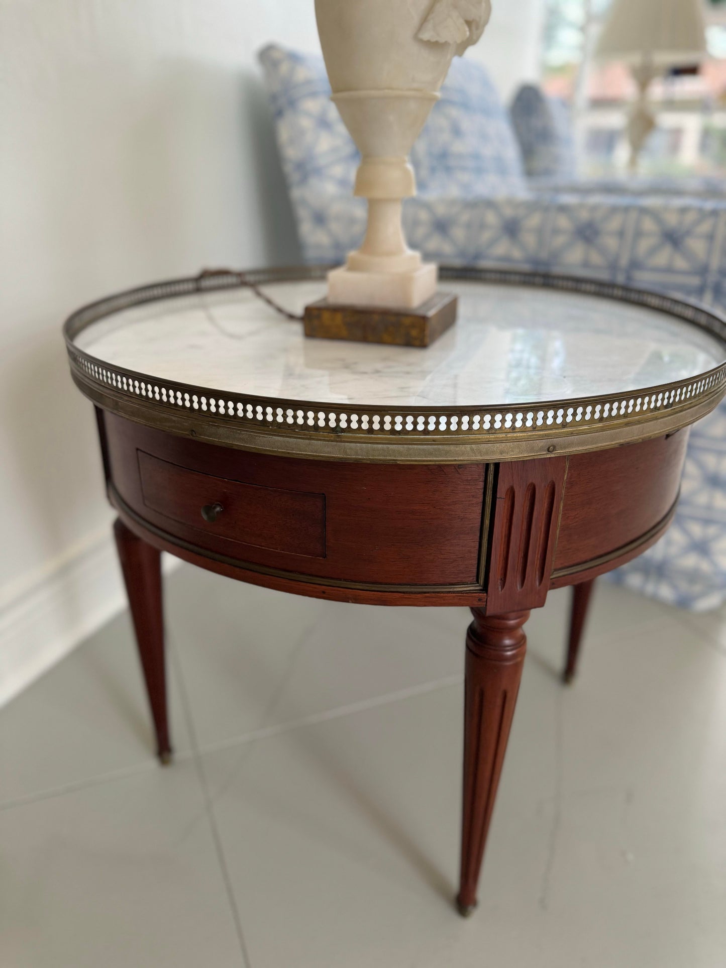 Louis XVI Style White Marble Top Bouillotte Table with Trim