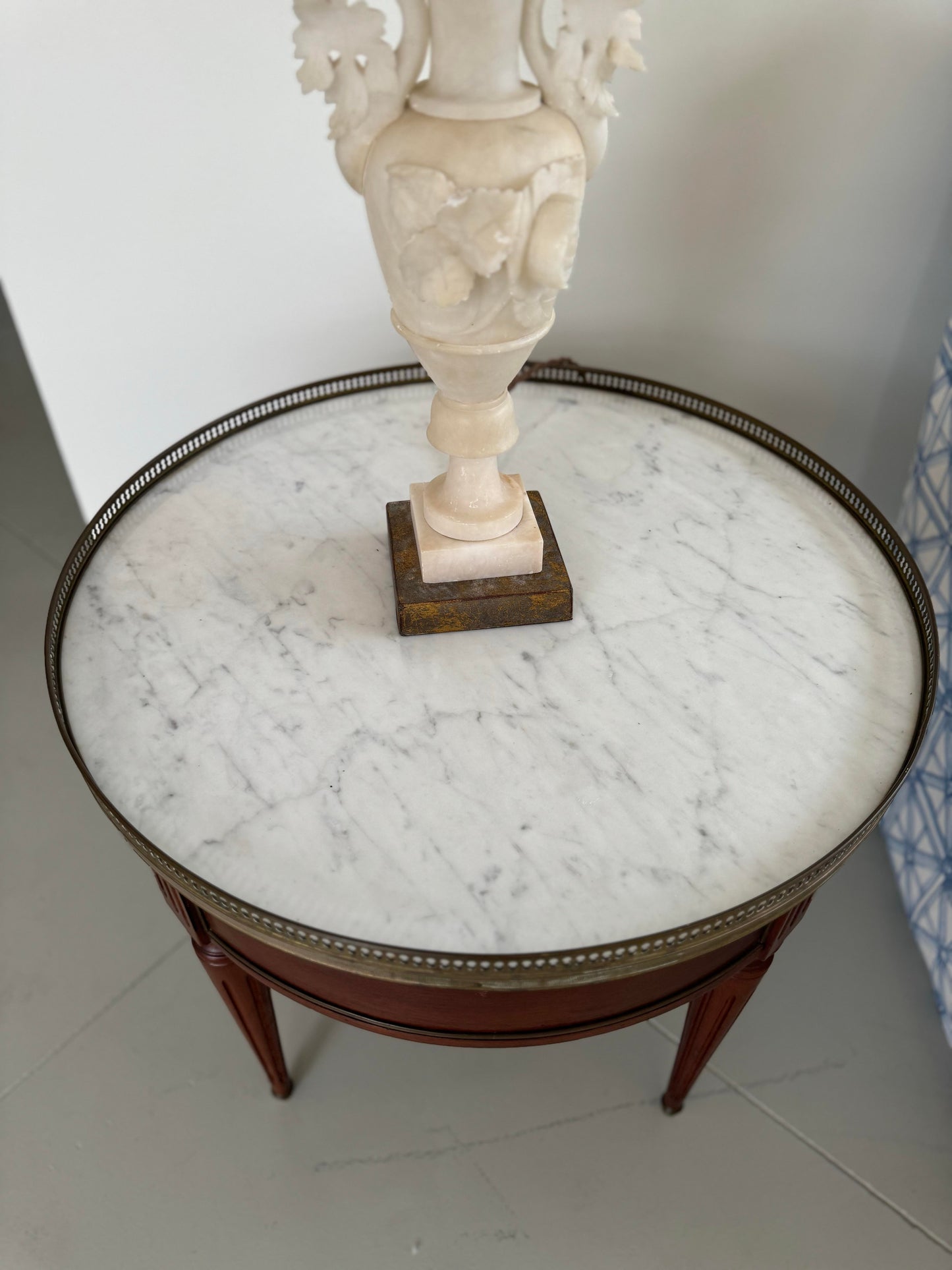 Louis XVI Style White Marble Top Bouillotte Table with Trim