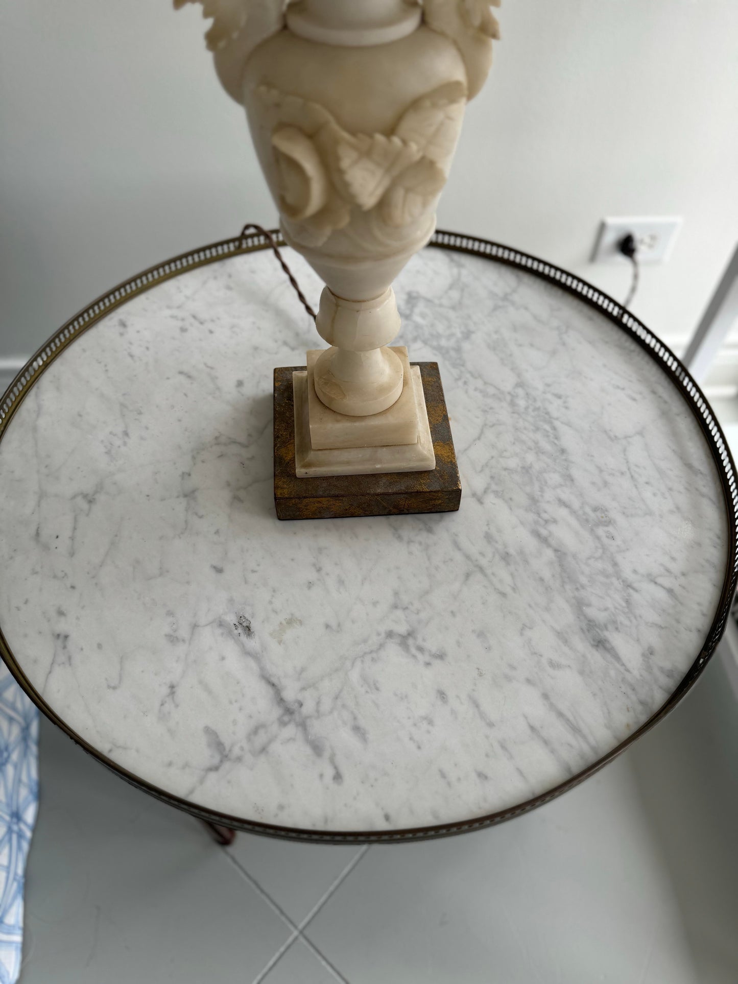 Louis XVI Style White Marble Top Bouillotte Table with Trim